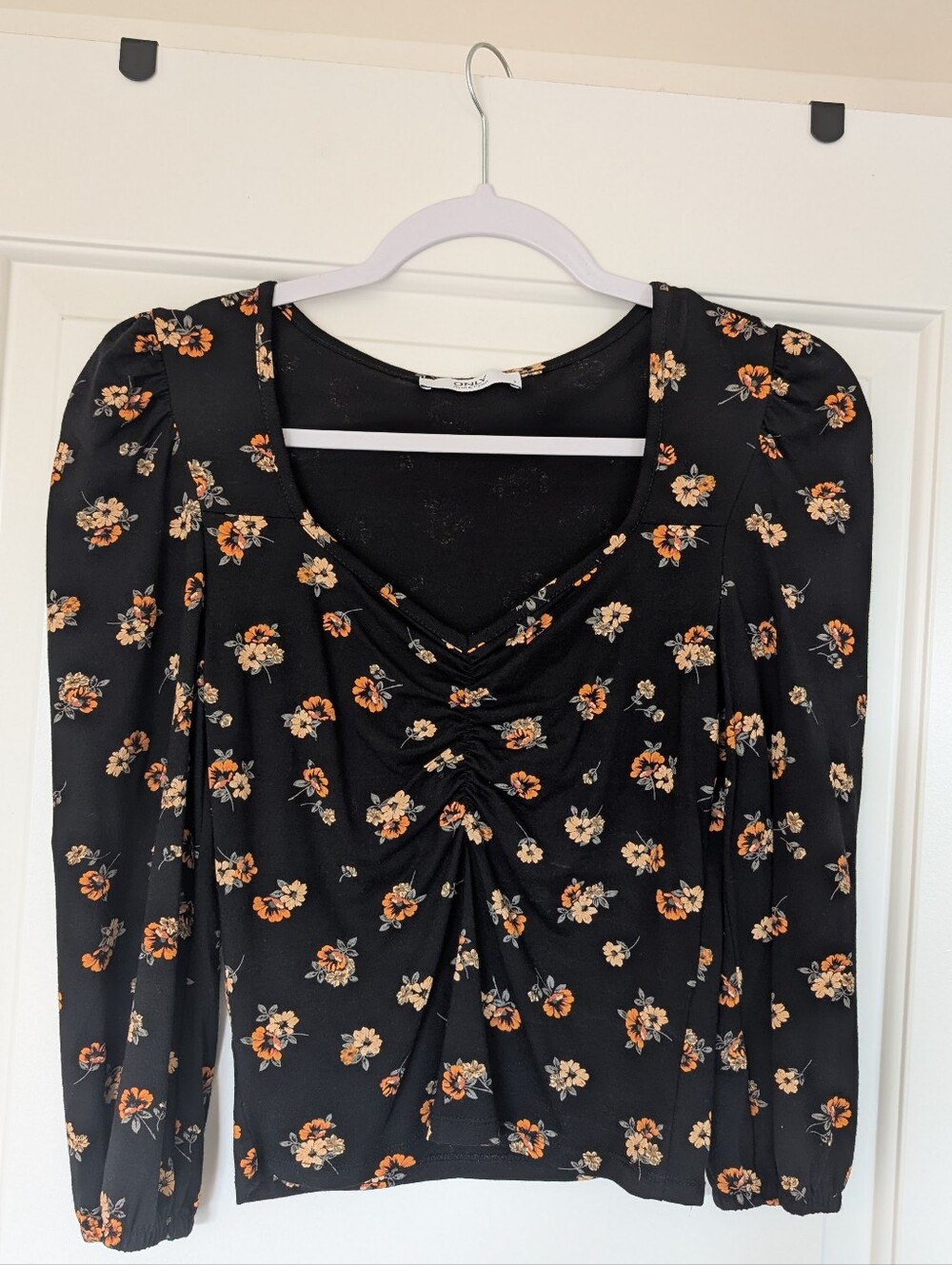 ONLY Black Top with Orange Floral Accents